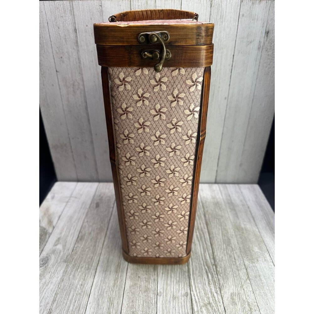Vtg Wine Single Bottle Holder Box Hinged Wood and Vinyl Pink Floral 13.75'' Tall